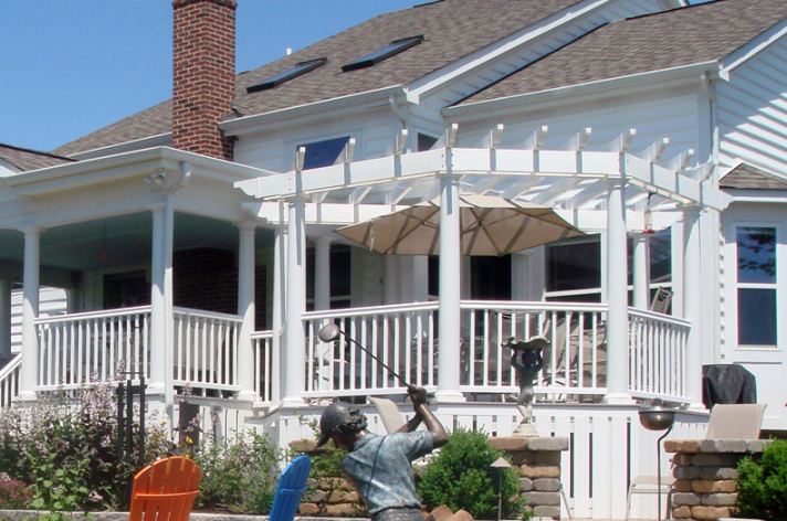 Suncraft Design Build custom pergola with columns front entry residential home Columbus Ohio