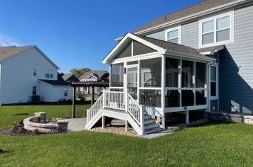 Gable screened porch Columbus Ohio white siding custom construction